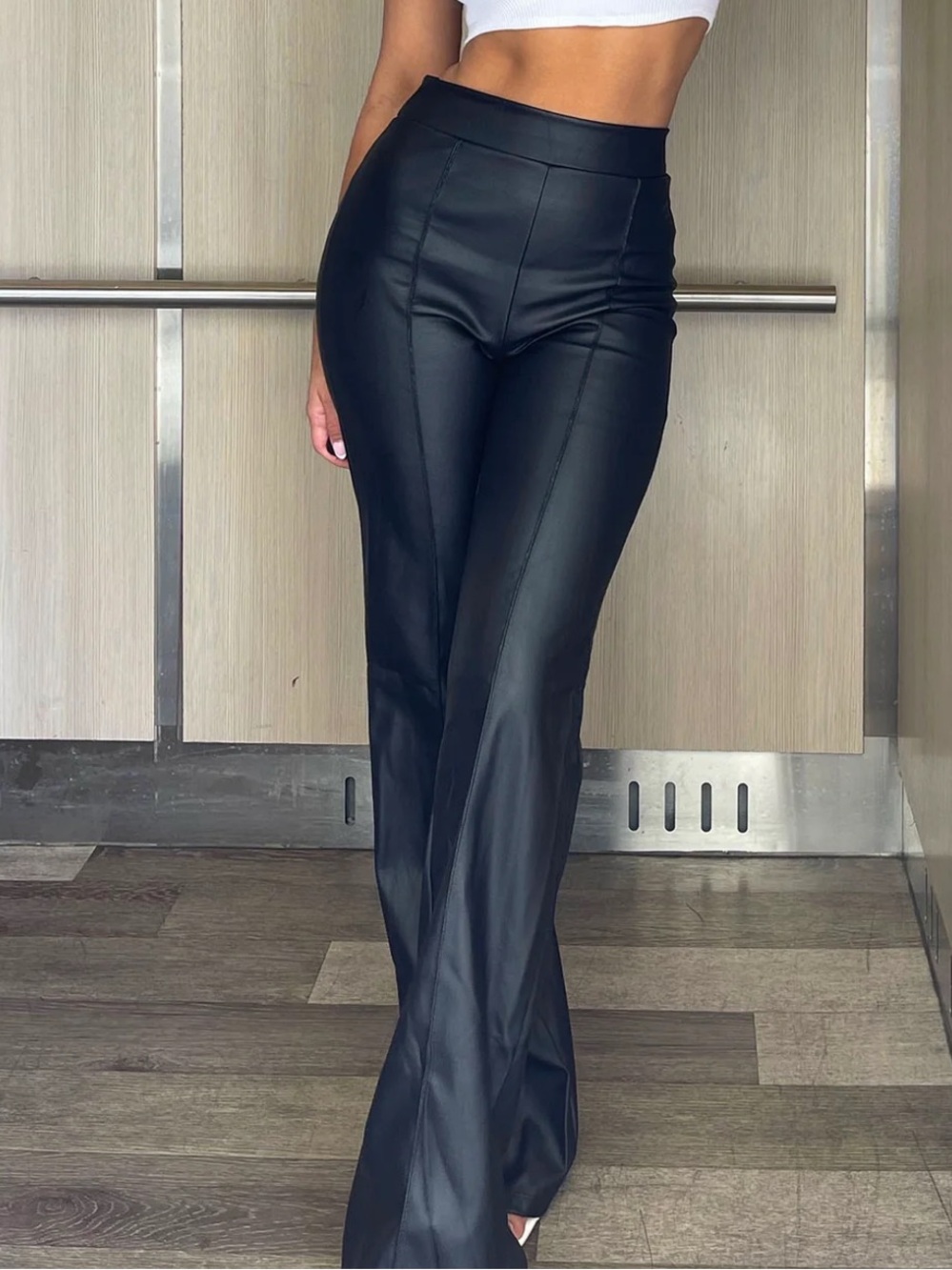 High-Rise Black Faux-Leather Flare Pants